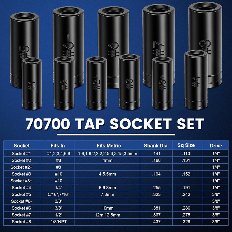 DikTalk 70700 Tap Socket Set, 11-Piece 1/4" & 3/8" Drive Taps Sockets Adapter for Metric & Standard Taps, Compatible with 1/2" and 1/8" NPT, Includes Non-M.C.T.I. Standard Tap - Image 2
